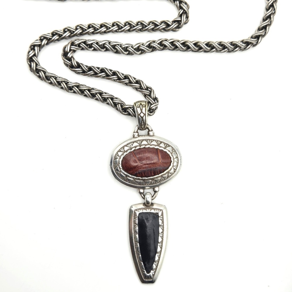 Brighton Silver Tone Wheat Braid Chain Necklace Leather Inlay Heart Pendant 34"